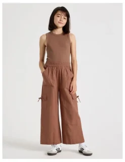 Tilii Sunday Club Pull On Linen Blend Cargo Pants in Brown