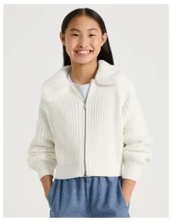 Tilii Zip Thru Cardigan with Fur Collar in White