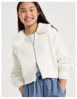 Tilii Zip Thru Cardigan with Fur Collar in White