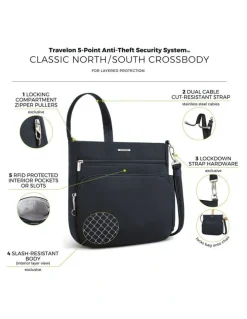 Travelon Classic Anti-Theft North/South Crossbody Bag in Midnight