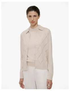 Trenery Cotton Cashmere Pointelle Cardigan in Clay