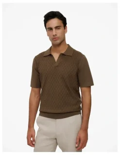 Trenery Mercerised Diamond Knit Polo in Cocoa