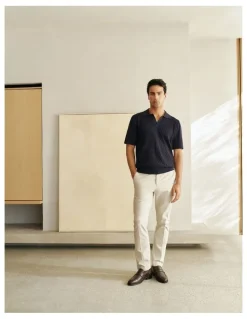 Trenery Mercerised Diamond Knit Polo in Navy