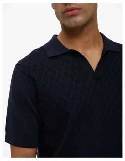 Trenery Mercerised Diamond Knit Polo in Navy
