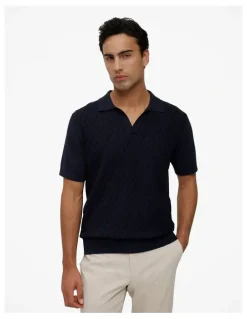 Trenery Mercerised Diamond Knit Polo in Navy
