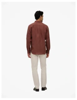 Trenery Regular Fit Delave Linen Stripe Shirt in Redwood