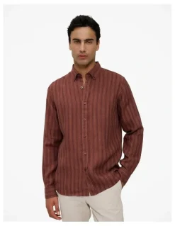 Trenery Regular Fit Delave Linen Stripe Shirt in Redwood