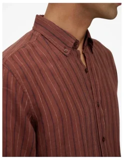 Trenery Regular Fit Delave Linen Stripe Shirt in Redwood