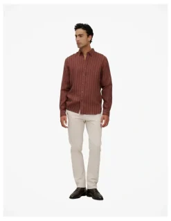 Trenery Regular Fit Delave Linen Stripe Shirt in Redwood