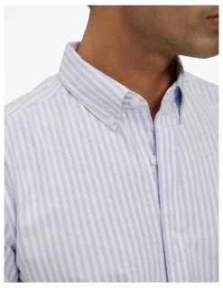 Trenery Regular Fit Wide Stripe Oxford Shirt in Blue Marble