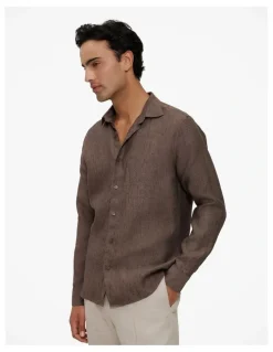 Trenery Tailored Fit Delave Linen Shirt in Cocoa