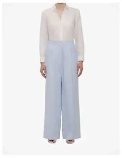 Trenery Yarn Dyed Linen Pleat Detail Pant in Blue Marble