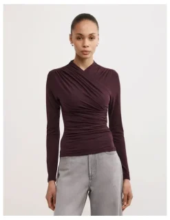 Witchery Wrap Long Sleeve Jersey Top in Plum